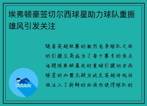 埃弗顿豪签切尔西球星助力球队重振雄风引发关注